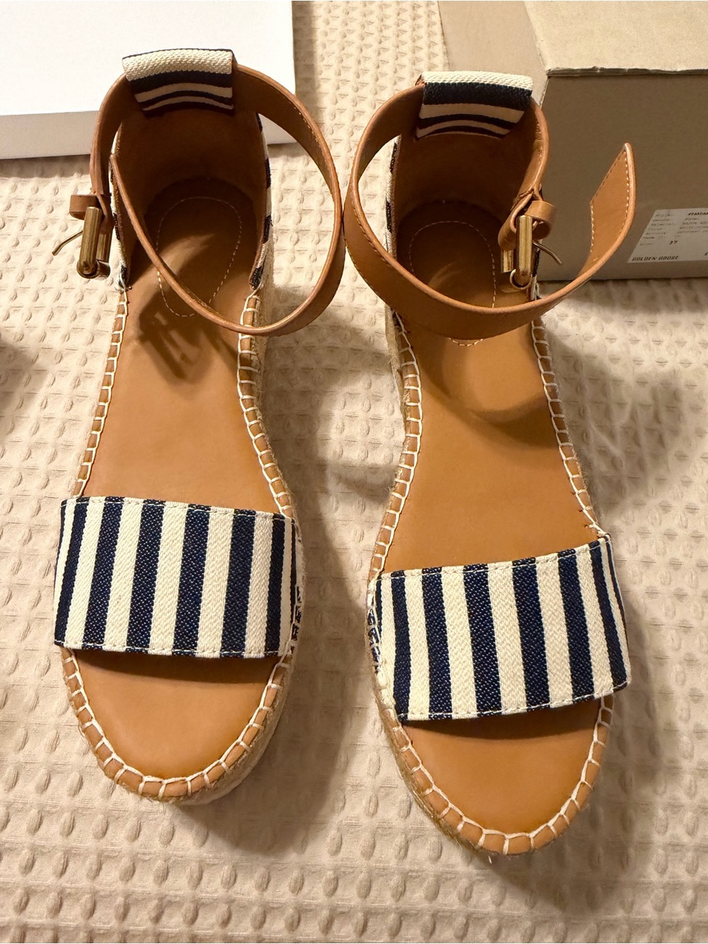 See By Chloe Tan Espadrille Sandals with Navy and White Stripes